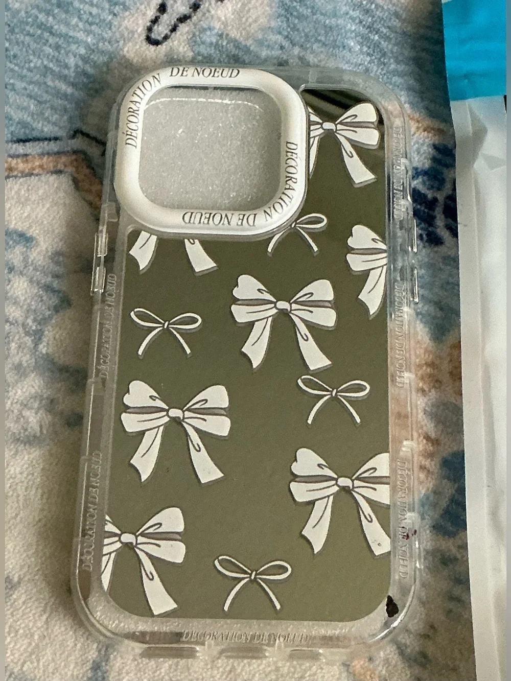Clear Decorative Phone Case with White Bow Pattern & Mirror Background -IP14 Pro